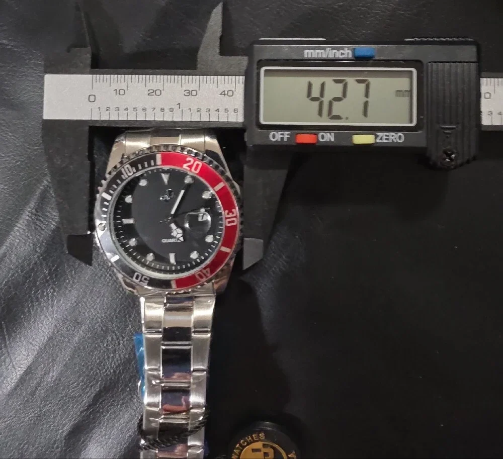 Men's Stainless Steel Watch with Black Dial and Red Bezel Accent